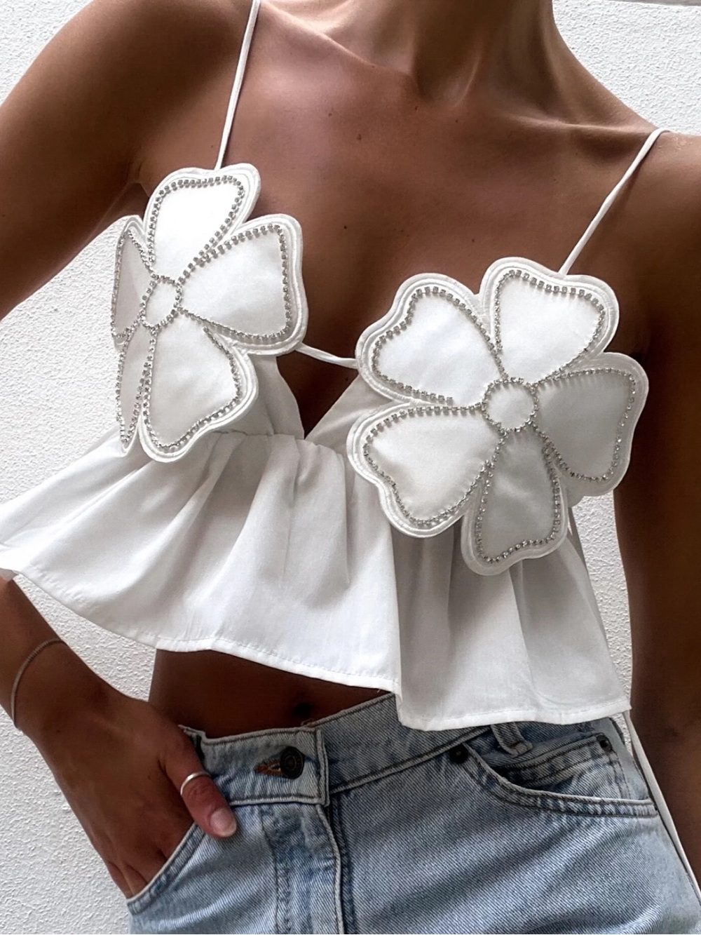 Yojani boutique Arabella rhinestone flower top